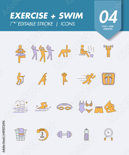 Exercise + swim elements - flat color line art icon collection