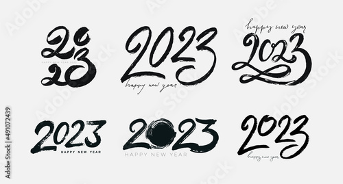 Set of 2023 hand sketch logo. Lettering numbers brush stroke 2023 for New Year, graduation party decoration. Template for cards, printed, invitations, labels. Vector isolated on white background.