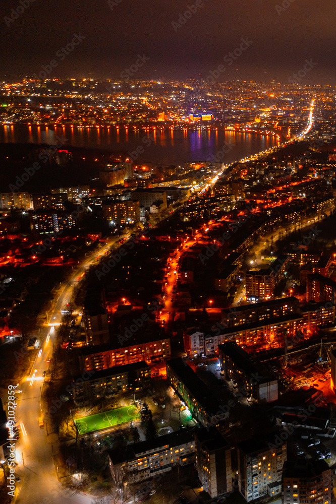 Night city, night city view from drone, nightlife landscapes in big cities.