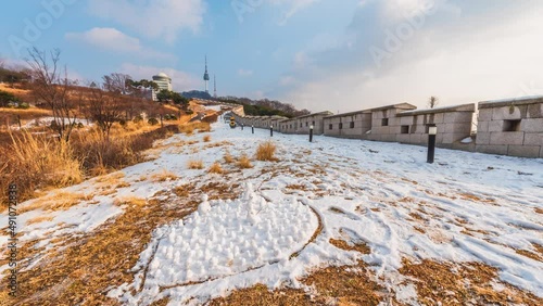 4k time lapse Namsan Park, Seoul, a landmark of South Korea In the snowy winter at Namsan Park, Seoul, a landmark of South Korea, the most beautiful Seoul Tower.