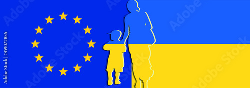 Cut out Silhouette of a mother with child, refugees fleeing the war. Flag of european union and ukrainian flag. Refugees welcome concept. Ukraine and Russia military conflict, Solidarity with Ukraine