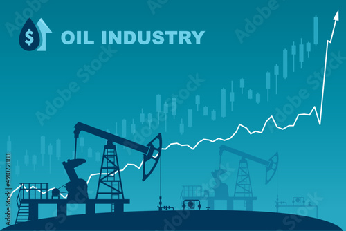 silhouette of a pumping station for oil production and an upward graph of prices for petroleum products the concept of price growth vector illustration
