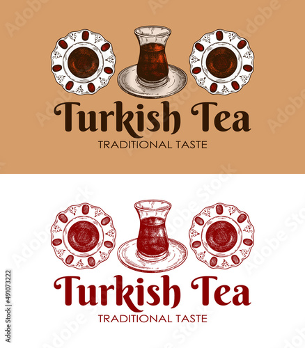 Sketch hand drawn logo of Turkish tea. Outline drawing cup of black tea. Traditional arabic hot drink in tulip shape mug. Vintage background for Istanbul cafe. Turkish beverage. Vector illustration. photo