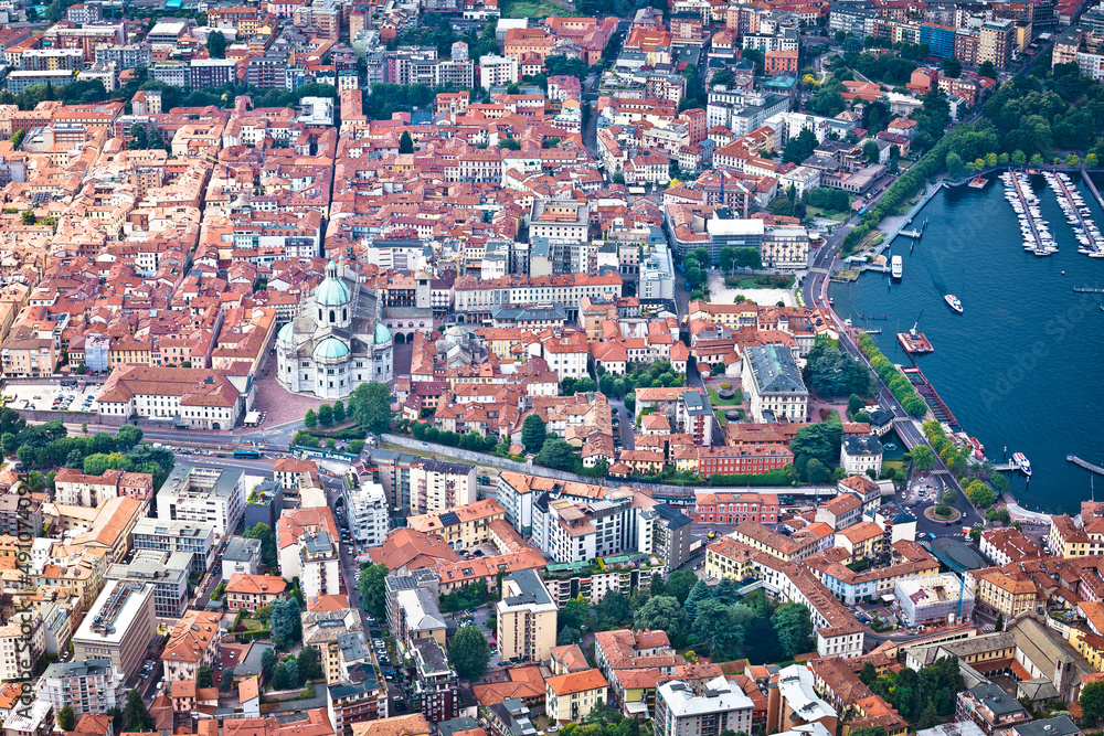 Town of Como center aerial panoramic view, Como Lake
