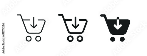 add to shopping cart icon, shop basket symbol with arrow down	
