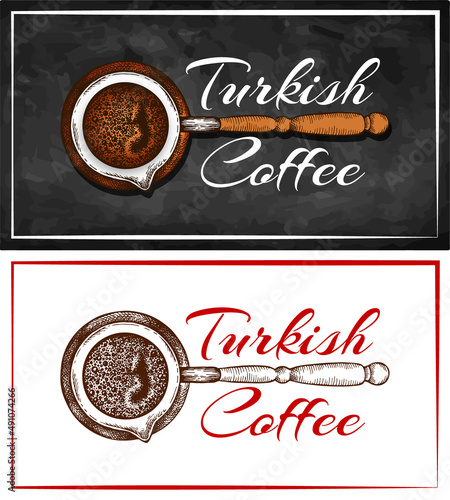 Sketch drawing colorful logo of Turkish coffee isolated on chalkboard. Engraved black coffee in cezve on blackboard.