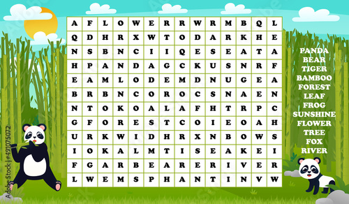 Words search puzzle for kids with cute animals - panda eating bamboo, printable worksheet for learning english