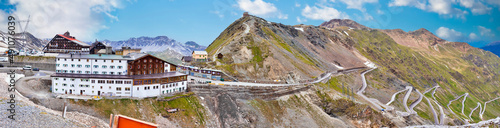 Stelvio mountain pass or Stilfser Joch scenic road serpentines panoramic view photo