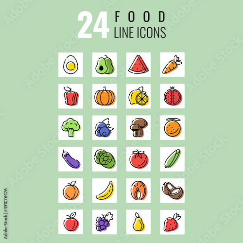 Colorful Healthy Food icons set, vegetables and fruits, thin line