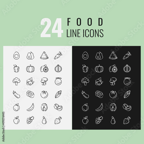 Healthy food icons set, vegetables and fruits, thin line 