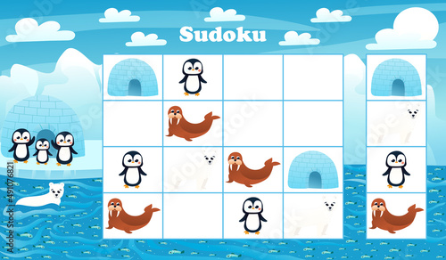 Kids sudoku game with cartoon penguin and polar bear in arctic. riddle with north pole animals characters