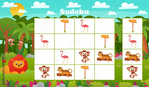 Kids sudoku game with cartoon lion and tiger in jungle. riddle with tropical animals characters