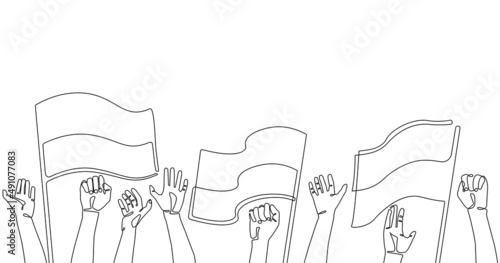  Raised hands with Ukrainian flags isolated on white background. Vector illustration. Support Ukraine. Pray for Peace. 