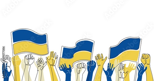 Raised hands with Ukrainian flags isolated on white background. Vector illustration. Support Ukraine. Pray for Peace. 