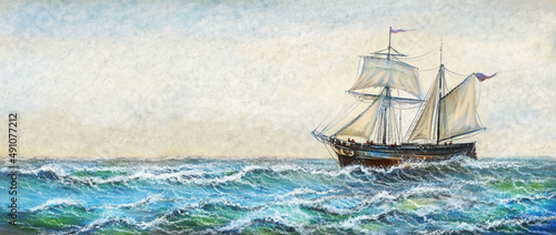 Fotografia, Obraz Digital oil paintings sea landscape, old ship on the sea