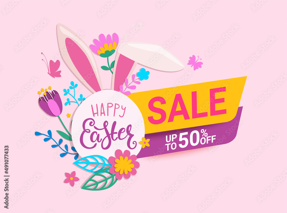 Sale banner for Easter with paper egg, beautiful flowers, rabbits ears and wishing text. Big discounts on holidays. Poster,flyer, placard.Template for your design. Vector illustration. Sale banner for Easter with paper egg, beautiful flowers, rabbits ears and wishing text. Big discounts on holidays. Poster,flyer, placard.Template for your design. Vector illustration.