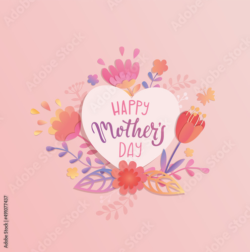 Happy mother day 2022 greeting card,banner with heart, beautiful paper flowers and wishing text.Holiday poster, flyer on pink background.Template for your design. Vector illustration.