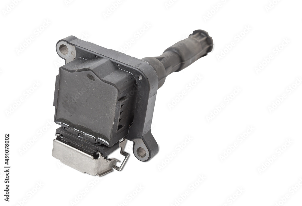 Black ignition coil for engine, isolated on white background. Spare parts for vehicle repair in garage Black ignition coil for engine, isolated on white background. Spare parts for vehicle repair in garage