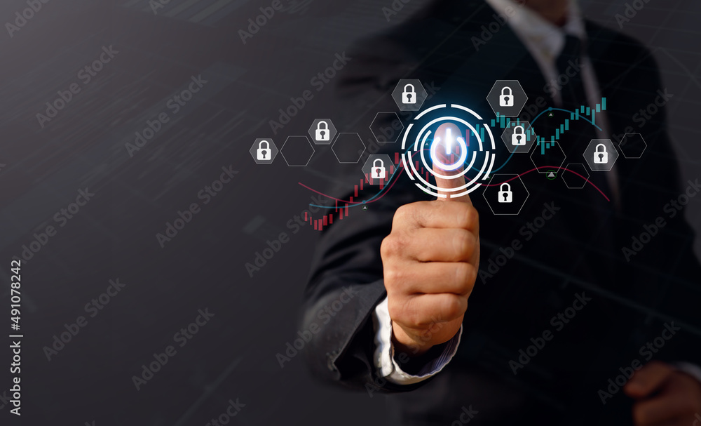 Businessman hand using fingerprint identification to access personal ...