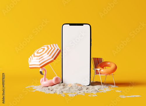 Smartphone blank screen with beach accessories on yellow background. summer travel vacation concept. 3d rendering photo