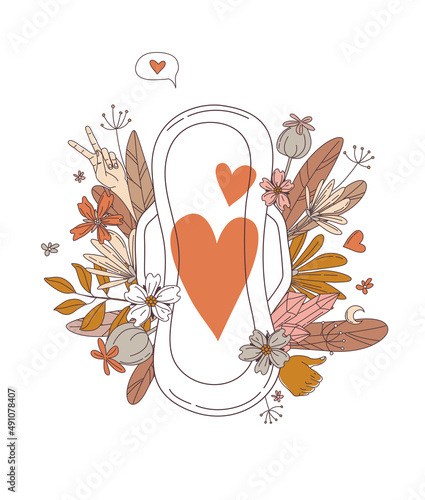 Women body. Woman wearing white panties. First menstruation. Floral background