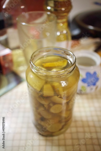 jar of pickled mushrooms on the table