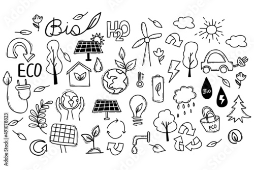Hand drawn ecology icons set. Vector illustration - No plastic, go green, Zero waste concepts, Reduce, reuse, refuse, ecological lifestyle. Doodle eco iconsbig collection isolated on white background