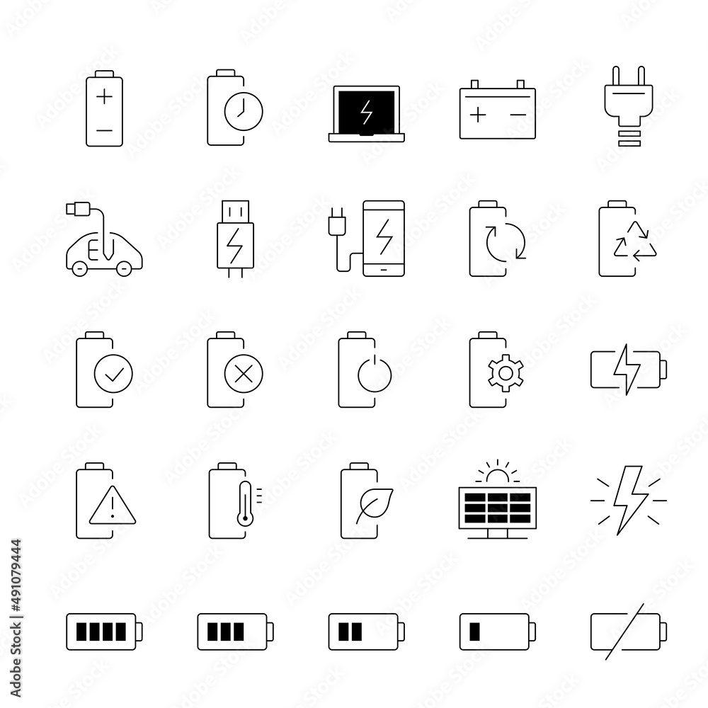 Battery, power, charging, thin line icon set, vector illustration.
