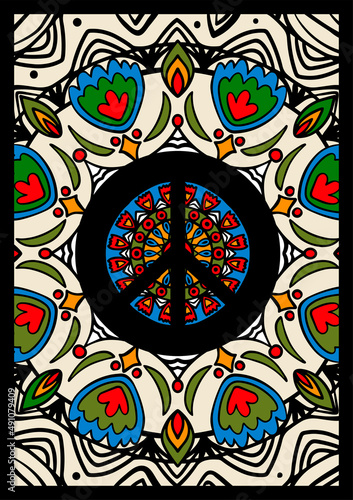 peace icon among flowers, retro hippie illustration