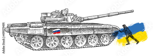 Hand-drawn sketch of Ukrainian man, resistance and stop to the russian tank t72 in black isolated on white background.
