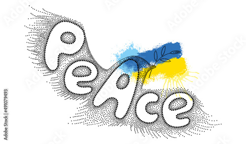 Hand-drawn illustration of Dove of peace with branch and Ukrainian flag in dotwork style isolated on white background. 