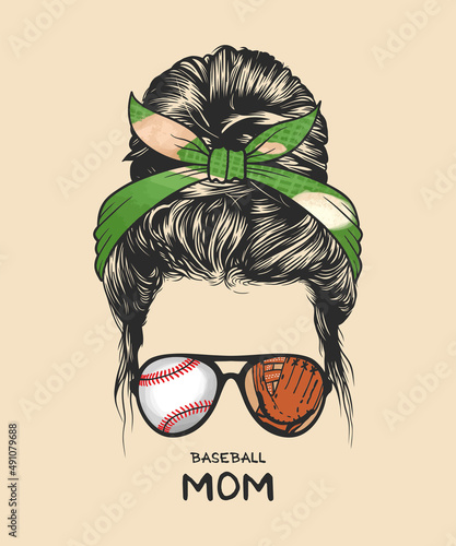 Woman messy bun hairstyle with Baseballs headband and glasses, hand-drawn vector illustration