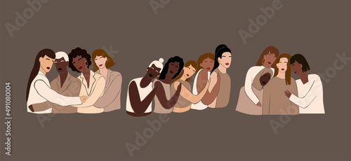Sisterhood of abstract women in a minimalist style on a white background. A set of portraits of different women combined. A collection of diversity and friendship. Modern vector illustration.