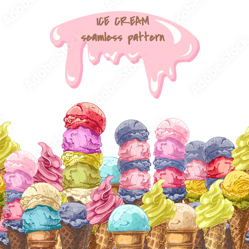 292_ice cream, waffle cup, cone_waffle cone, ice cream, ball_ice cream, waffle cone, seamless pattern, sweet background,