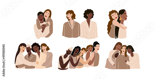 Sisterhood of abstract women in a minimalist style on a white background. A set of portraits of different women combined. A collection of diversity and friendship. Modern vector illustration.