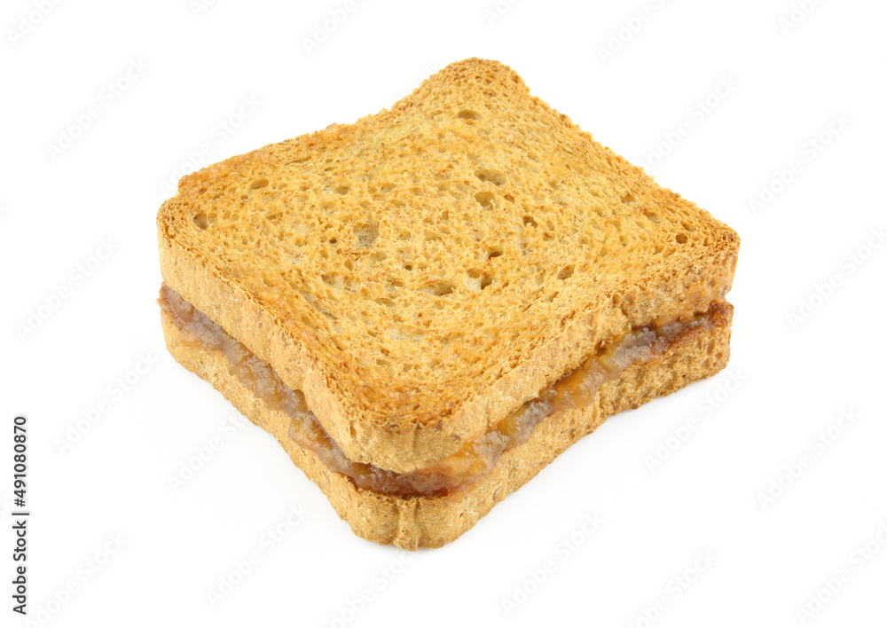 Sweet sandwich made of toasts and homemade apricot jelly jam isolated on white background Sweet sandwich made of toasts and homemade apricot jelly jam isolated on white background