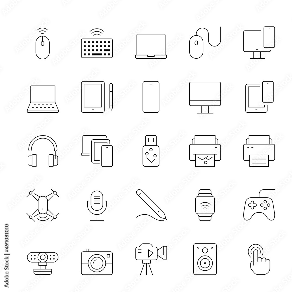 Devices thin line icons. computer, laptop, mobile phone, vector illustrations.
Devices thin line icons. computer, laptop, mobile phone, vector illustrations.