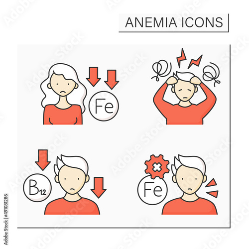 Anemia color icons set. Dizzy and headache, low vitamin b12 level, problem with absorbing iron. Health protection concept. Isolated vector illustrations