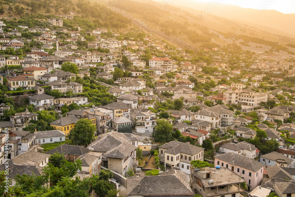 Old ottoman houses in Gjirokaster at sunset, Albania close-up