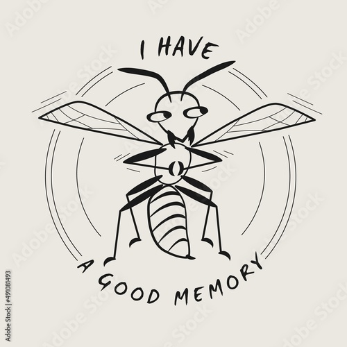 Funny emblem with comic sly wasp and quote. Happy cartoon character. Monochrome linear vector sketch illustration.
