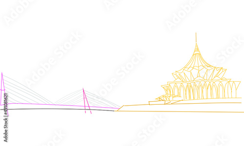 Photos Line sketch illustration of Sarawak State Assembly building with Darul hana brid