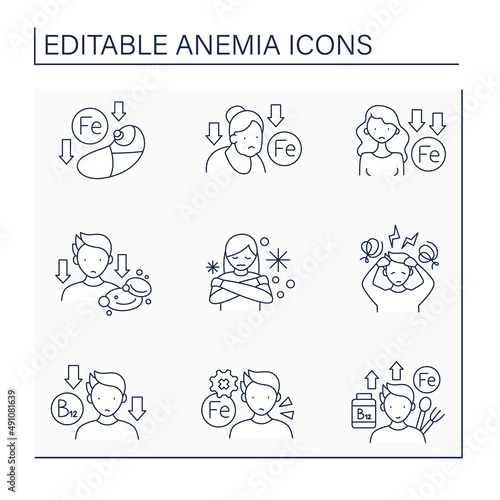 Anemia line icons set. Disease prevention. Healthy lifestyle. Health protection concept. Isolated vector illustrations. Editable stroke
