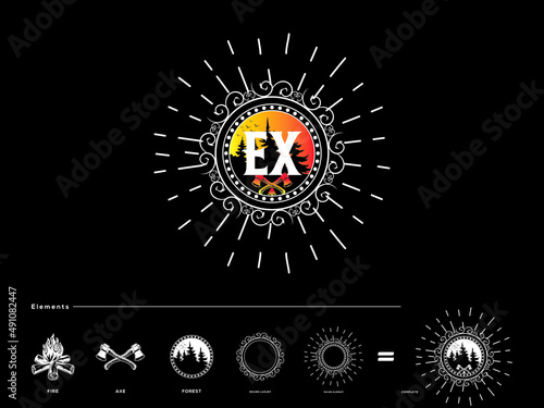 Forest EX Logo Design, Vintage ex Logo Letter Vector icon for forest summer fireplace mountains tree wood axe company