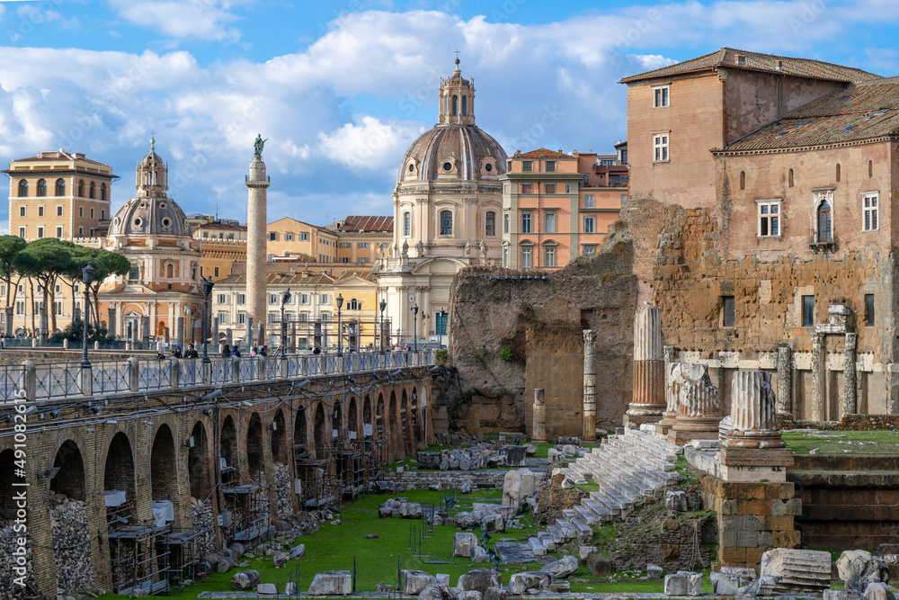 Trajan's Column and Forum with ruins of important ancient government buildings