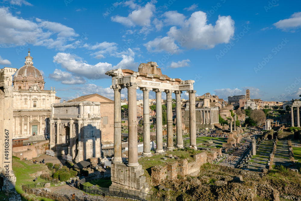 Rome, Italy: Ruins of the Temple of Saturn in ancient Roman forum 