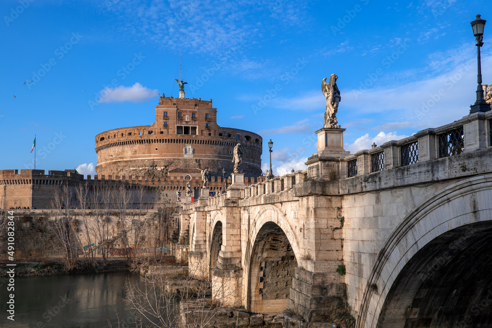 Saint Angelo castle and bridge over the Tiber river in Rome, Italy