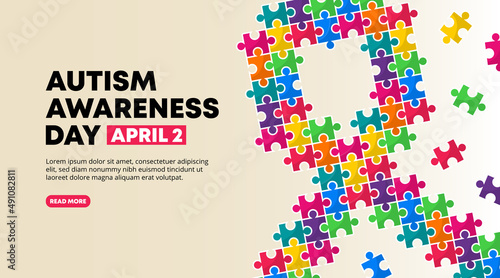 World autism awareness day design with colorful ribbon puzzles art