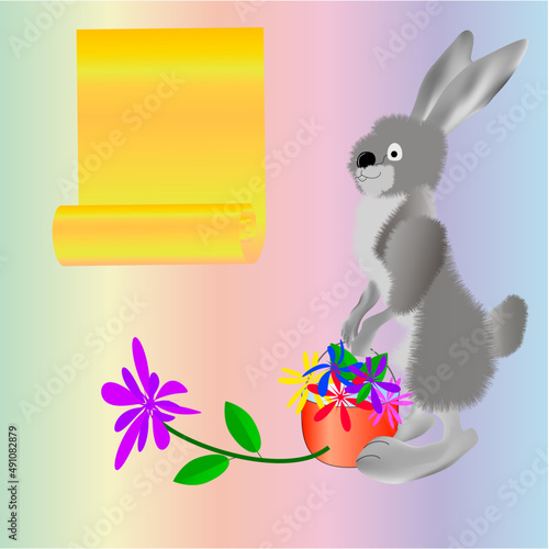Picture invitation or congratulation. A cute bunny with flowers can congratulate your friends and family on the holiday or invite them to your celebration.