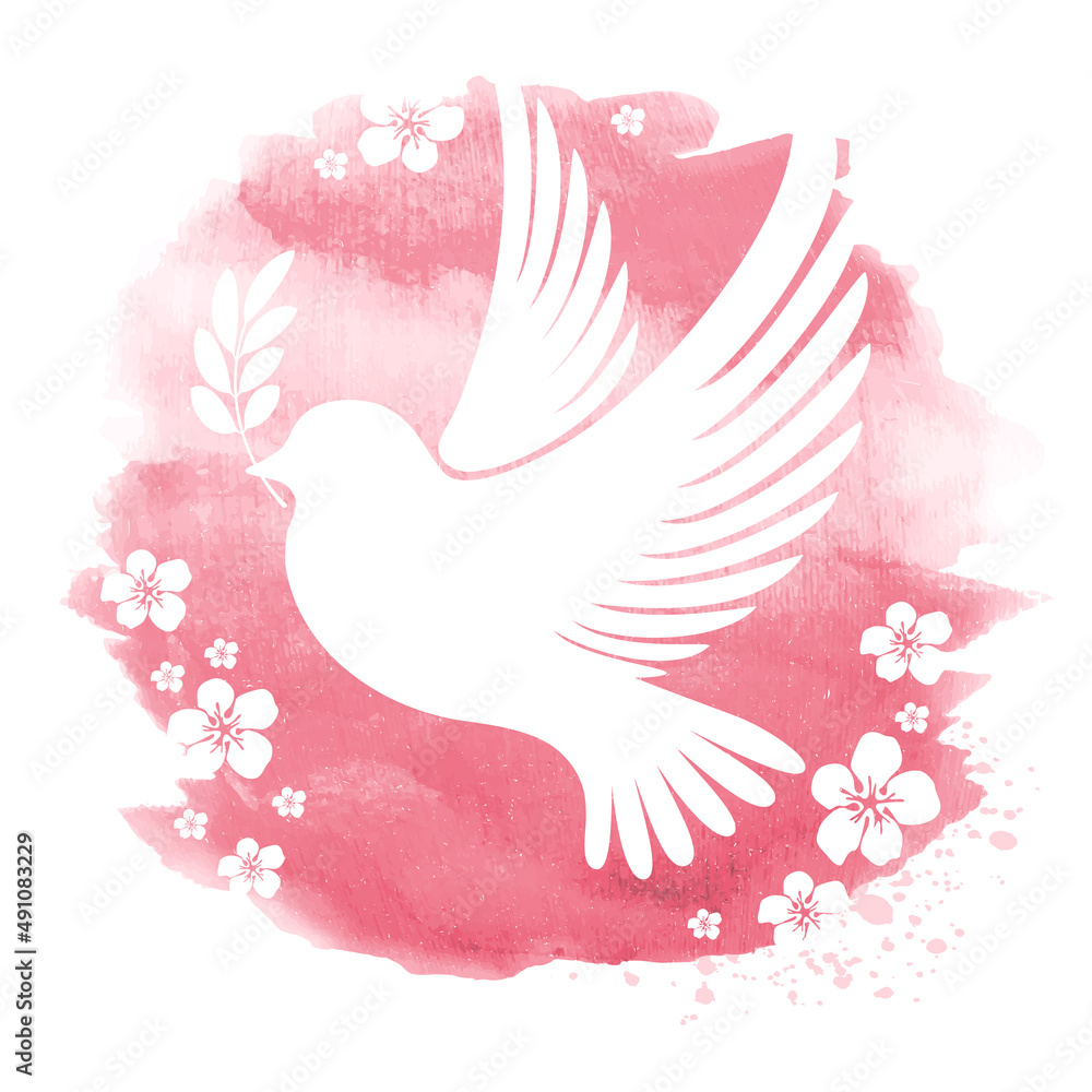 White dove silhouette flying with olive twig on the pink watercolour background with flowers. Symbol of peace. Vector illustration.