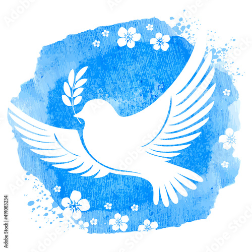 White dove silhouette flying with olive twig on the blue watercolour background with flowers. Symbol of peace. Vector illustration.
